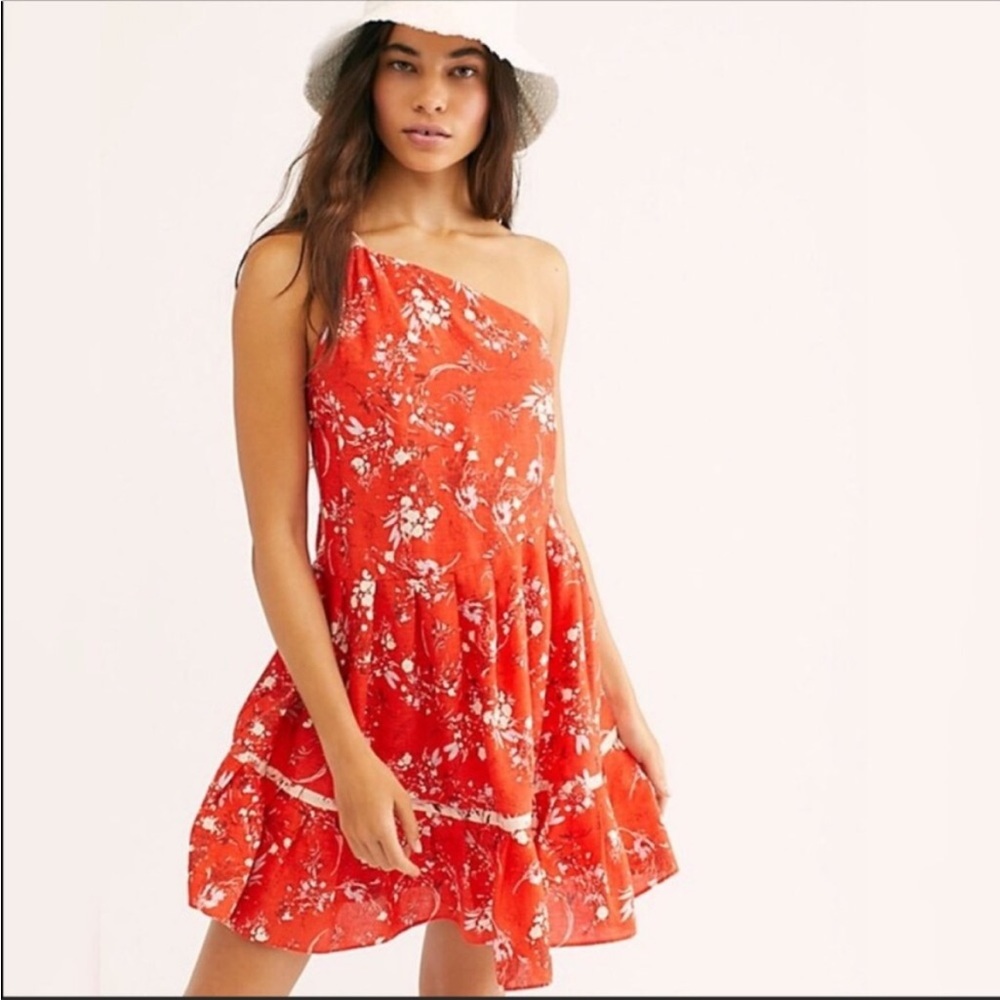 Free People | Orange Floral Mini One Shoulder Dress NWOT